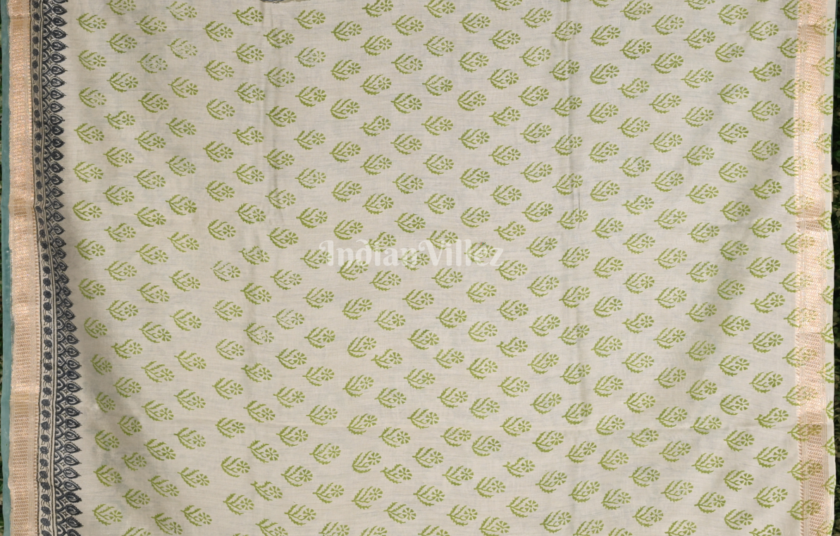 Grey with Multi Colour Block Printed Sanganeri Cotton Saree