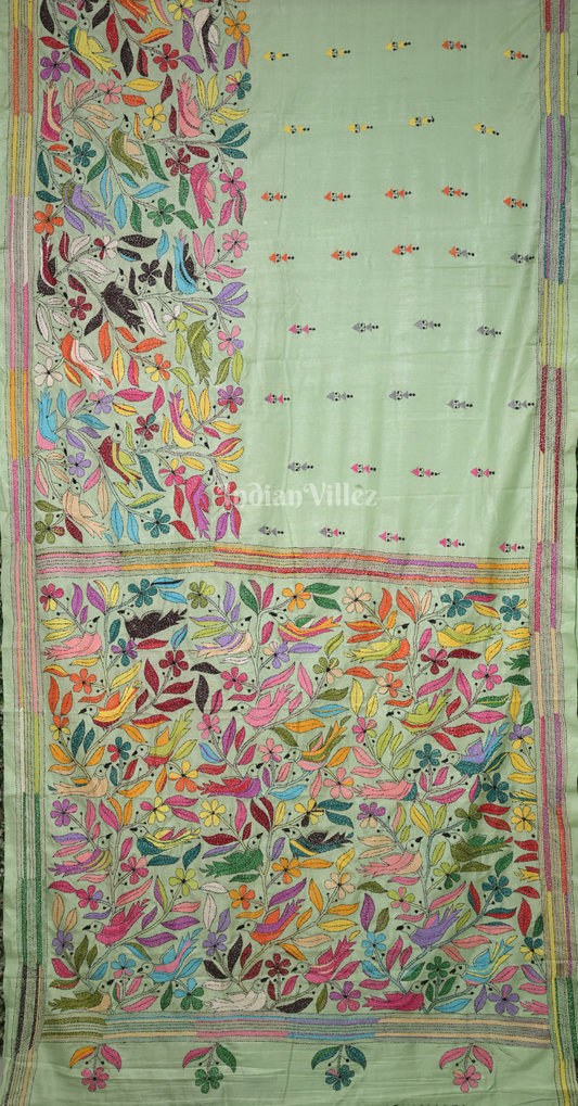 Pista Green Flower Bird Motif Handwoven Kantha Stitch Silk Saree 