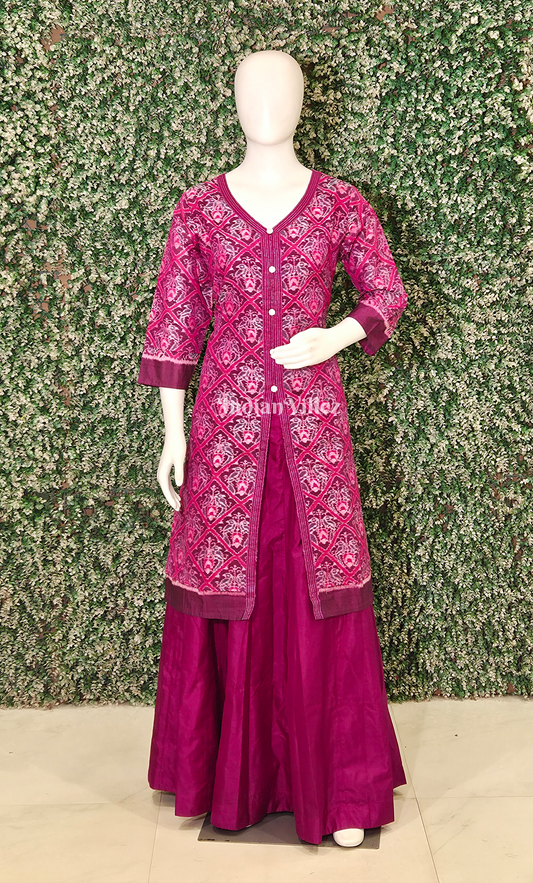 Magenta Pink Floral Design Odsiha Ikat Silk Kurti Set with Skirt 