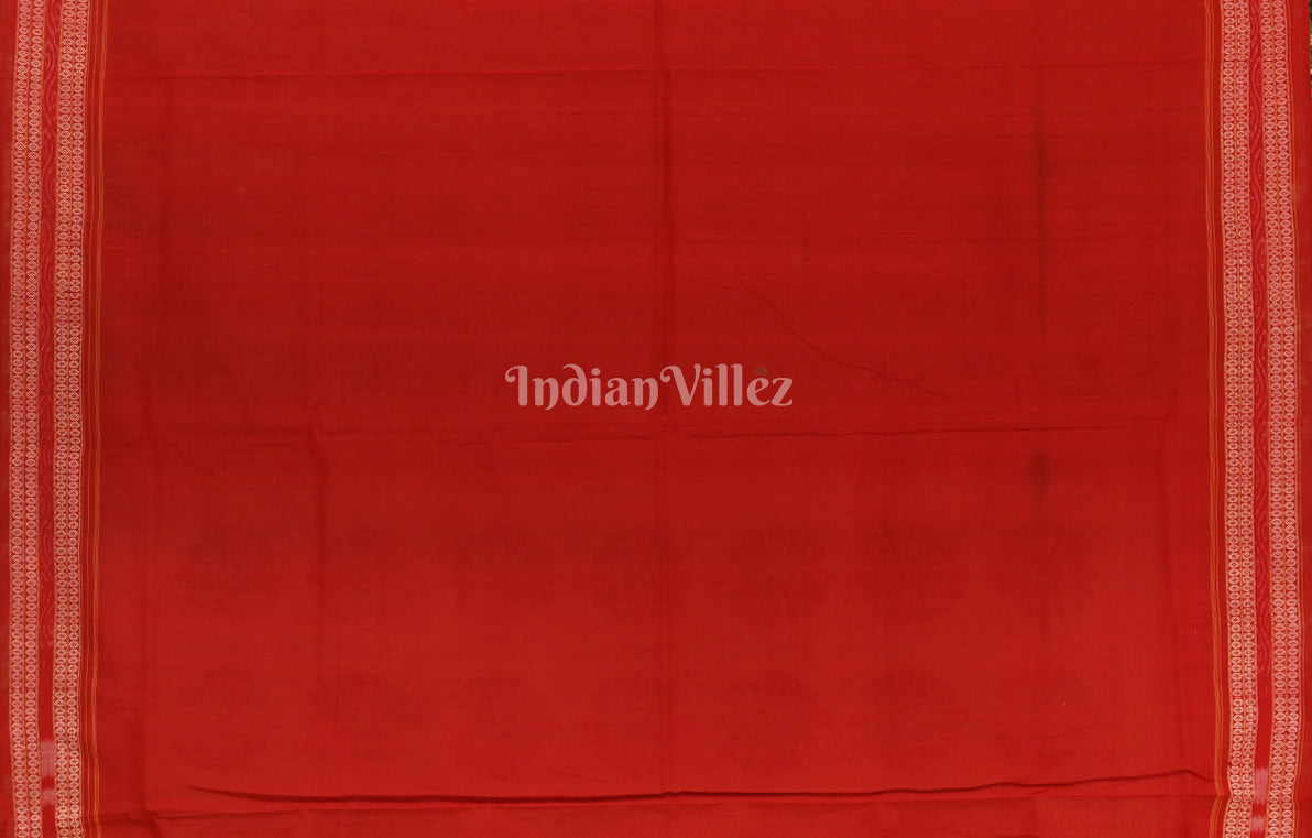 Cream Red Floral Motif Sambalpuri Cotton Saree with Jungle Anchal