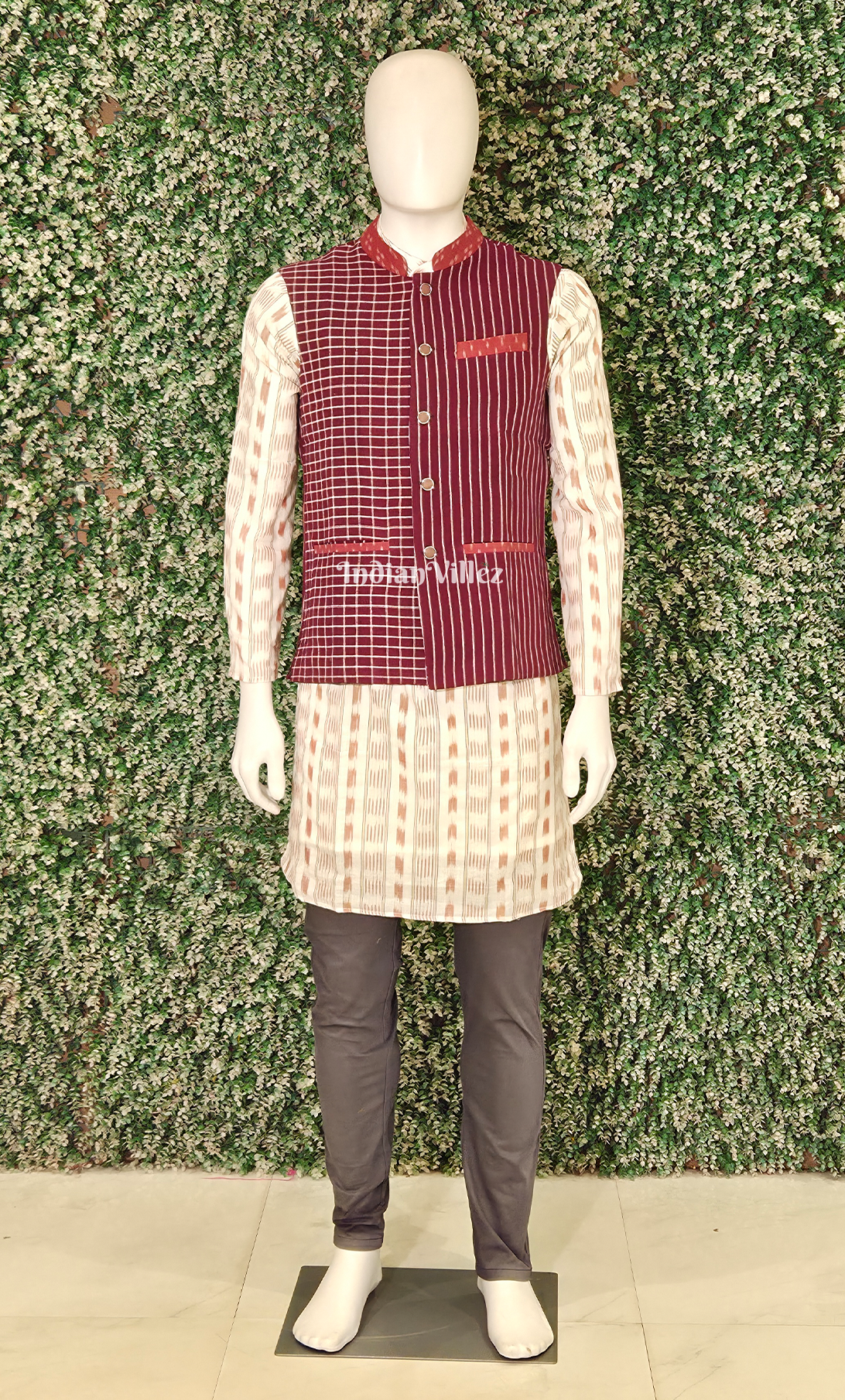 Maroon Kotpad Striped Design Half Bandi Jacket for Men