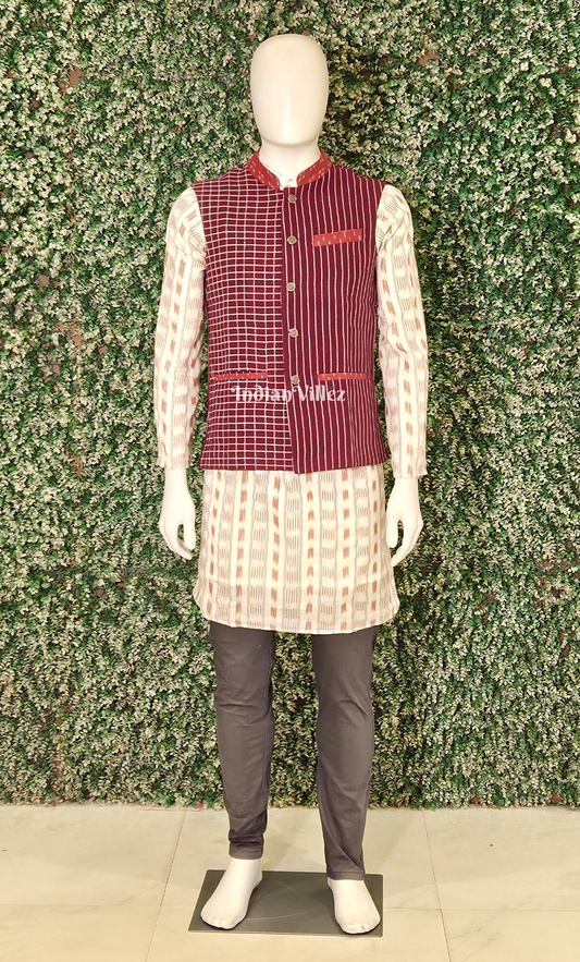 Maroon Kotpad Striped Design Half Bandi Jacket for Men