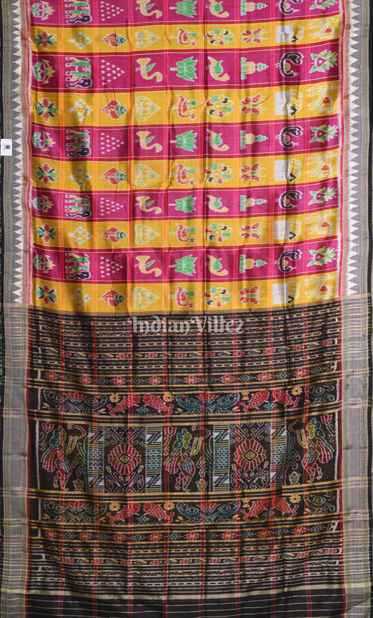 Yellow Pink Nabakothi Odisha Ikat Khandua Silk Saree 