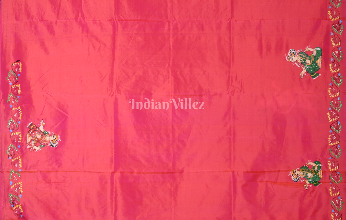 Rani Pink Krishna Raas Leela  Hand-Painted Pattachitra Saree 