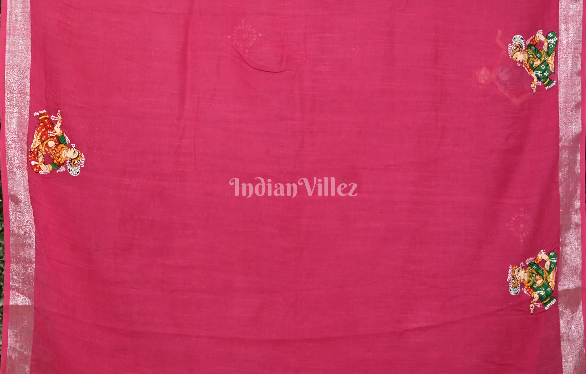 Rani Pink Raja Doli Theme Hand-Painted Pattachitra Saree