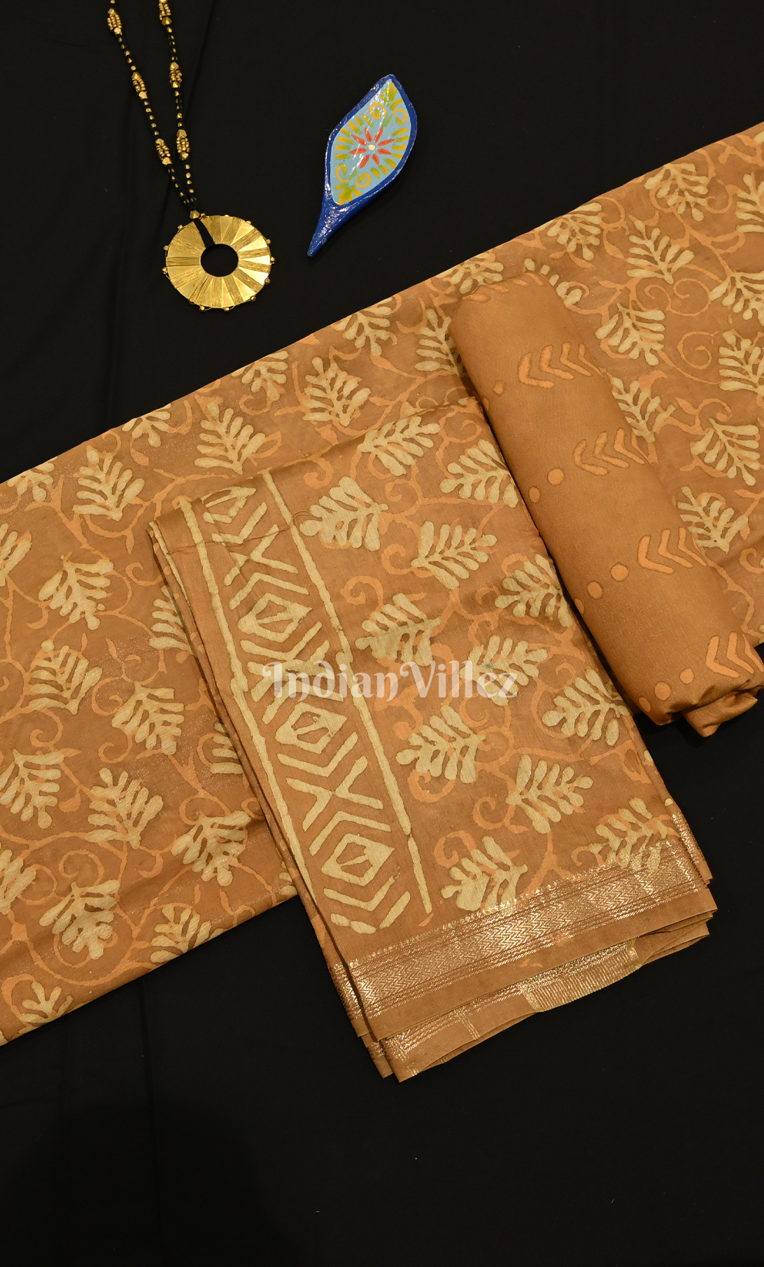 Brown Golden Dabu Block Printed Cortton Suit Sets 