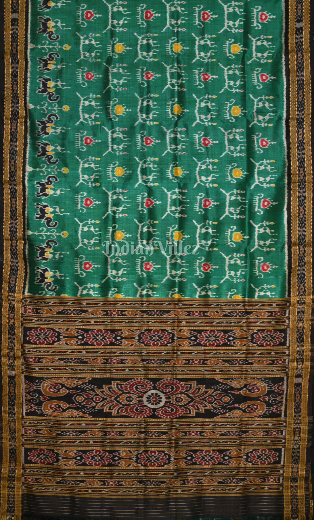 Green Black Tribal Theme Odisha  Ikat Khandua Silk Saree
