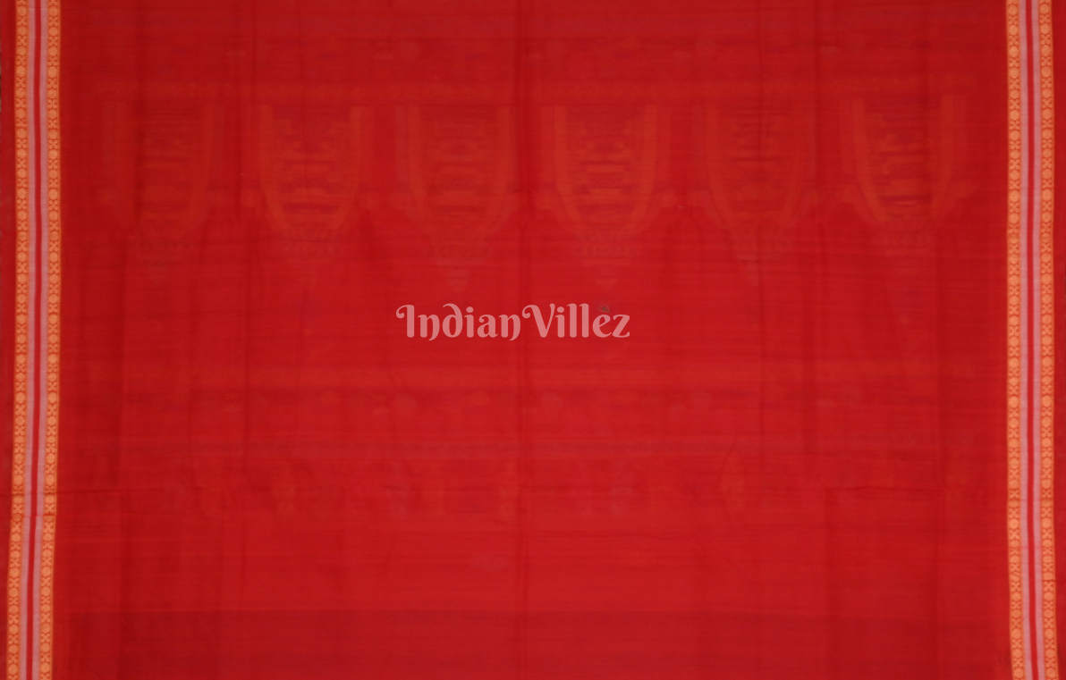 Blue Red Shree Mandir Theme Odisha Ikat Bomkai Cotton Saree 