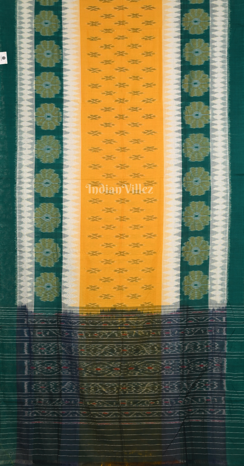 Green White Yellow Damru Odisha Ikat Maniabandha Cotton Saree