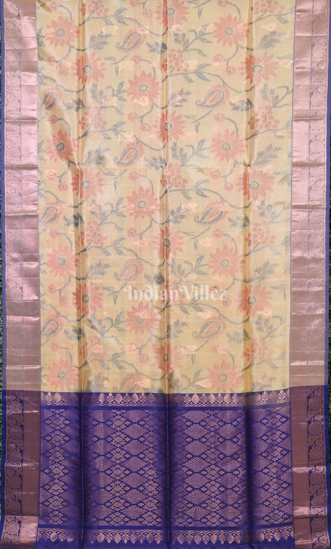Cream Blue Pure Kanjivaram Soft Silk Saree 