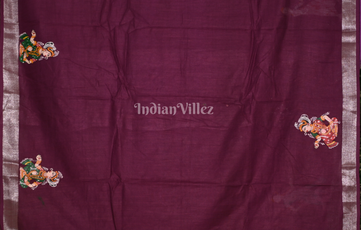 Purple Wine Krishna Rasa Leela Hand-Painted Pattachitra Saree