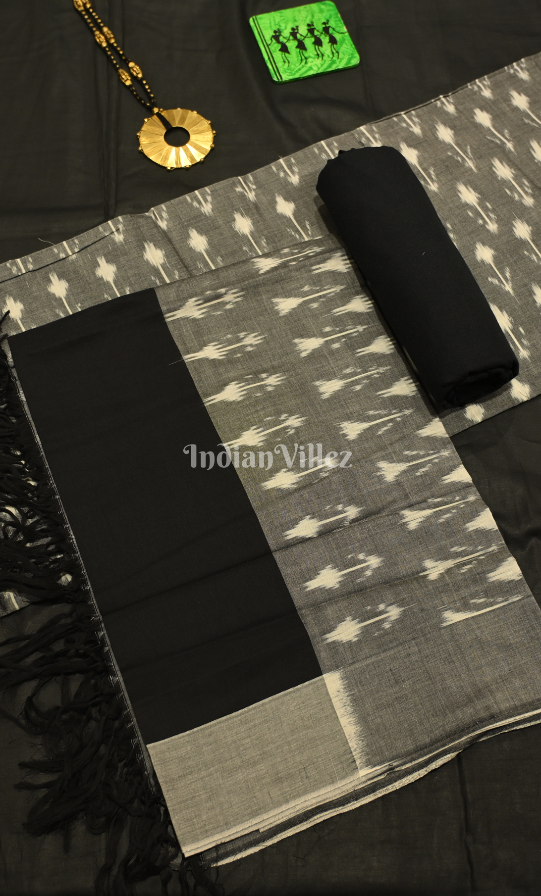 Grey Black Pochampally Ikat Cotton Unstitched Suit Sets