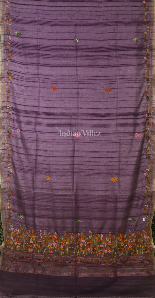 Purple Tusasr Silk Saree with Floral Embroidery Work 