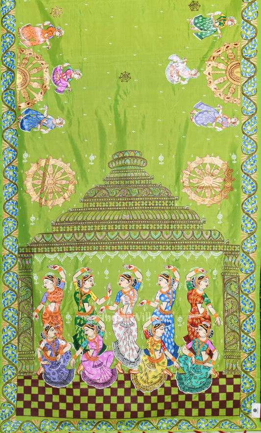 Red Green Nartaki Konark Temple Hand-Painted Pattachitra Saree