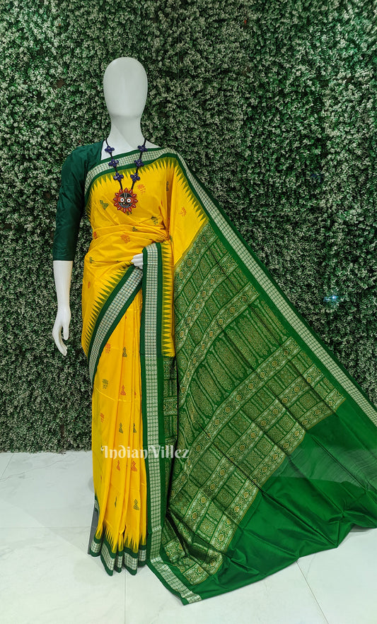 Yellow Green Jhoti Theme Odisha Ikat Bomkai Sambalpuri Silk Saree