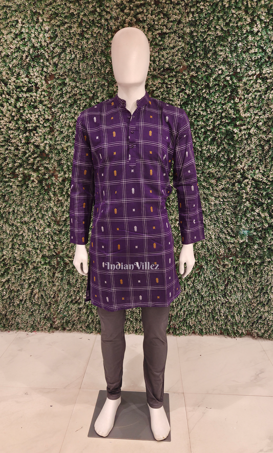 Purple Fish Motif Odisha Ikat Cotton Kurta for Men 
