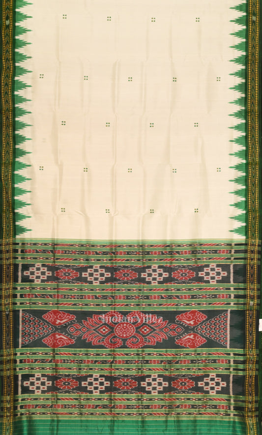 White Green Buti Design Odisha Ikat Khandua Silk Saree with Pasapali Anchal