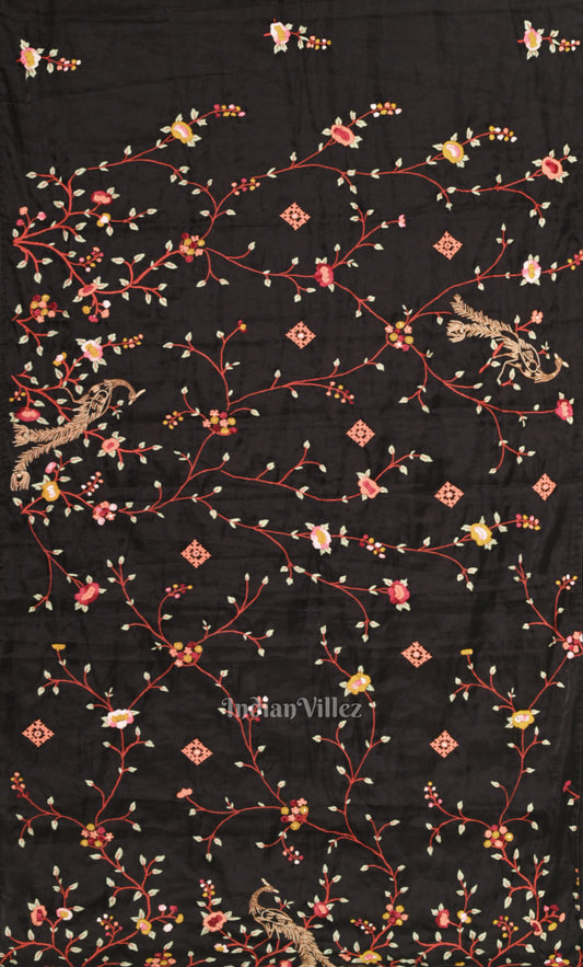  Deep Black Tusasr Silk Saree with Floral Hand Embroidery Work