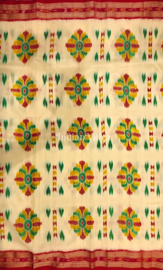 Off White Red Baghambari Odisha Ikat Sambalpuri Silk Fabric