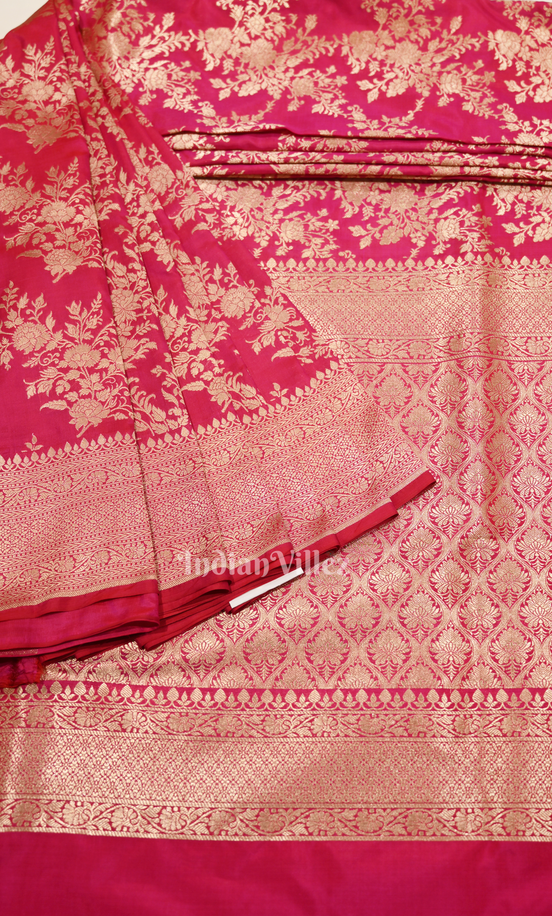 Rani Pink Pure Katan Banarasi Silk Saree with  Golden Floral Jaal Work