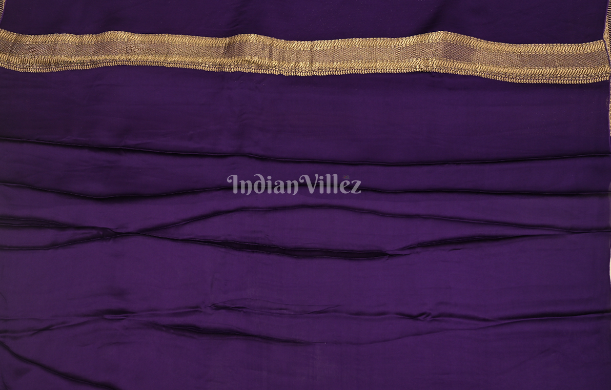 Purple Golden Checks Pure Crepe Kanjivaram Silk Saree
