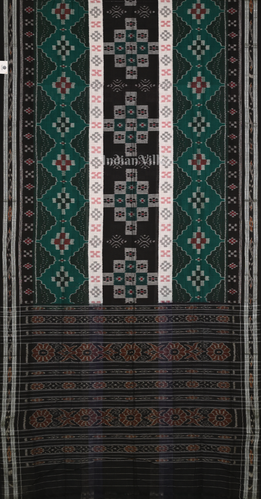 Black Green  Pasapali Triple Layer Odisha Ikat Sambalpuri Cotton Saree 