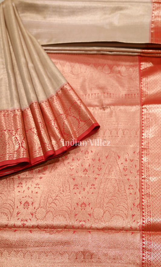 Exclusive Bridal Golden Red Brocade Pure Kanjivaram Tissue Silk Saree 