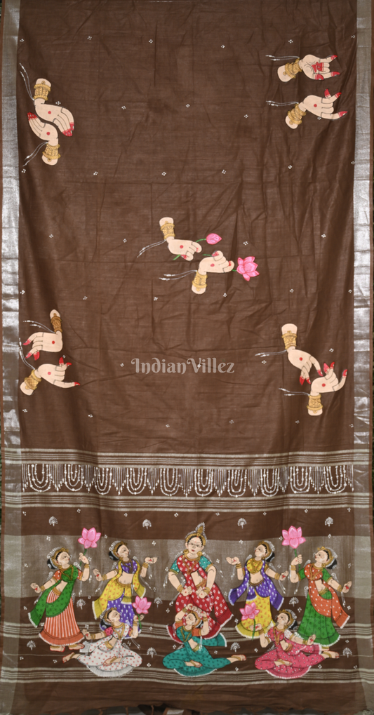 Brown Nartaki Theme Hand-Painted Pattachitra Saree (Linen)
