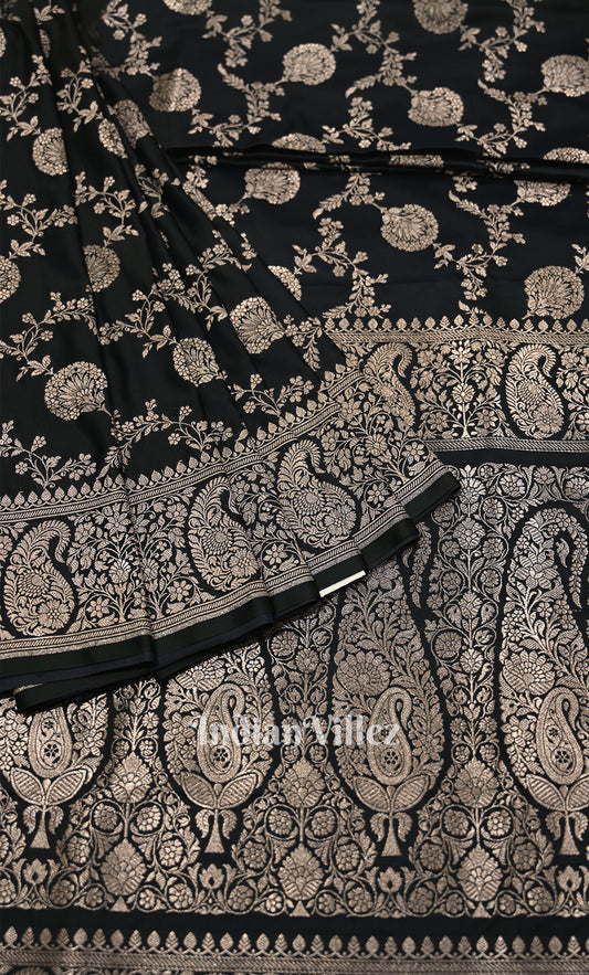 Black Mashru Satin Silk Banarasi Saree With Jaal Pattern