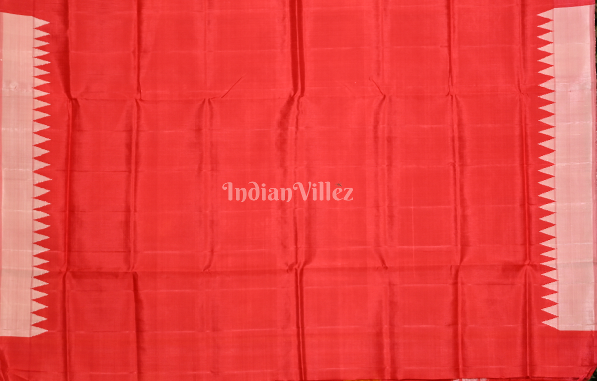 White Red Fish Motif Double Pallu Berhampuri Silk Saree 