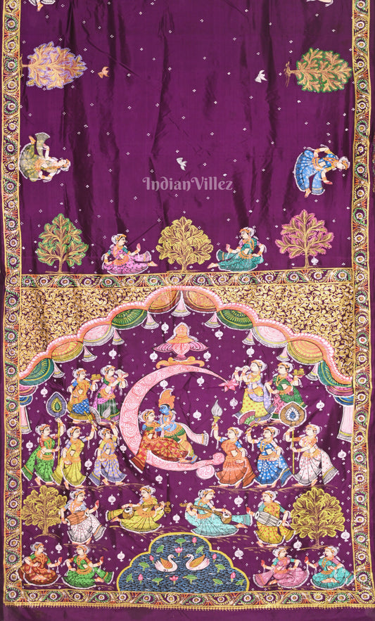 Purple Ardha Chandra Krishna Rasa Leela Hand-Painted Pattachitra Saree