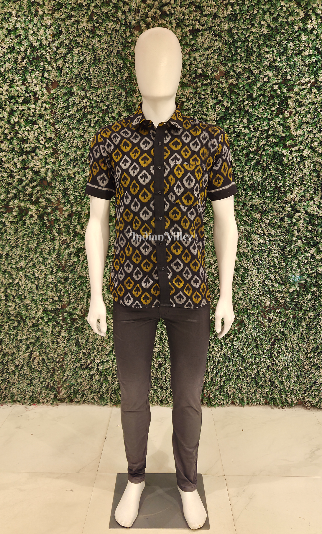 Black Yellow  Mashroom Theme Odisha Ikat Cotton Half Sleeve Shirt for Men 