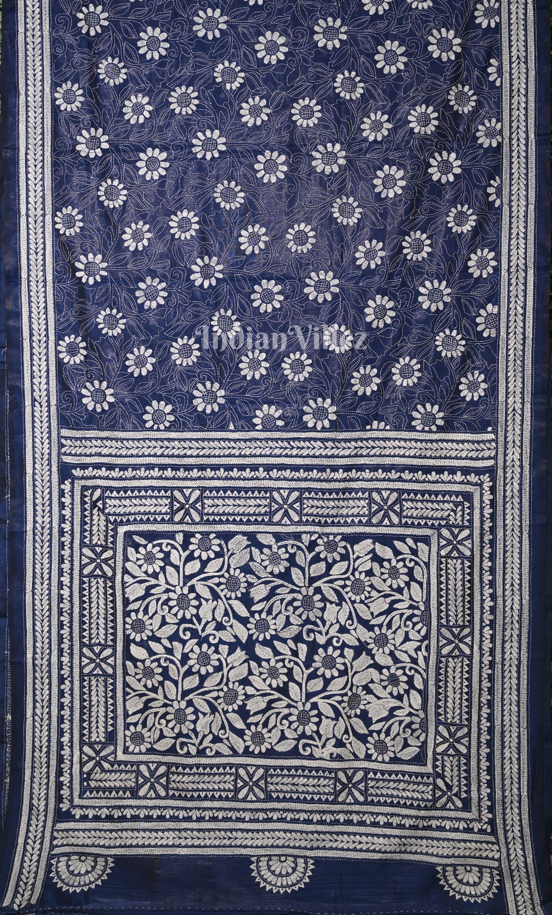 Navy Blue Handwoven Kantha Stitch Silk Saree