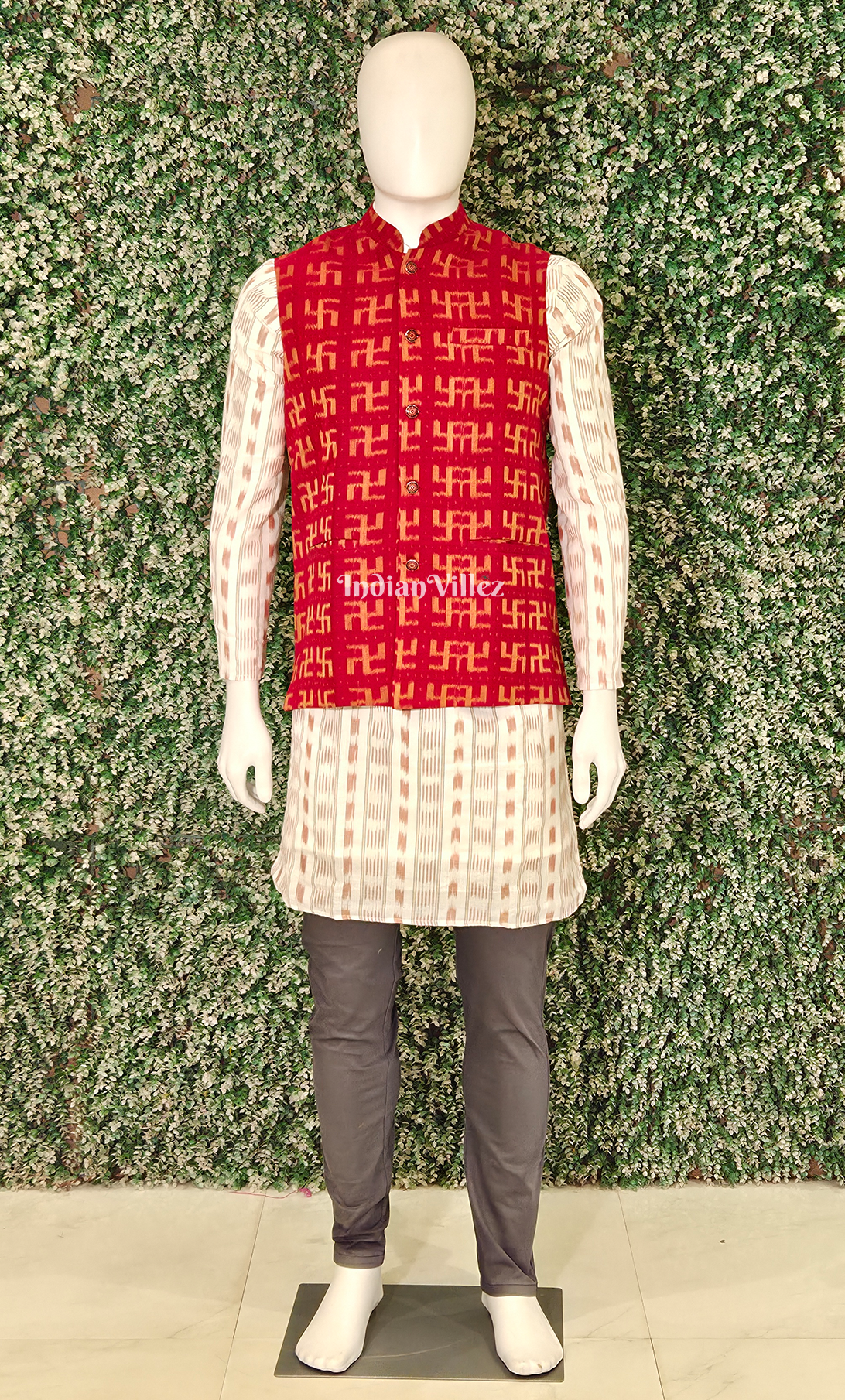 Red Yellow Swastik Odisha Ikat Half Bandi Jacket for Men