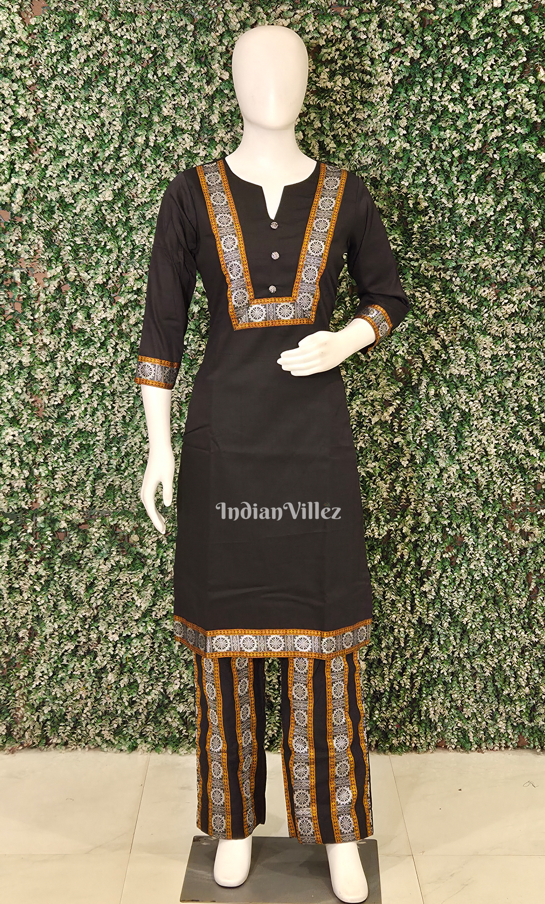 Black Golden Konark Chakra Odisha Ikat Designer Cotton Kurti Set with Pallazo