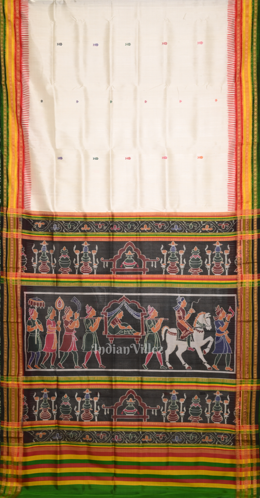 White Green Fish Motif Kathiphera Khandua Silk Saree with Doli Barat Anchal