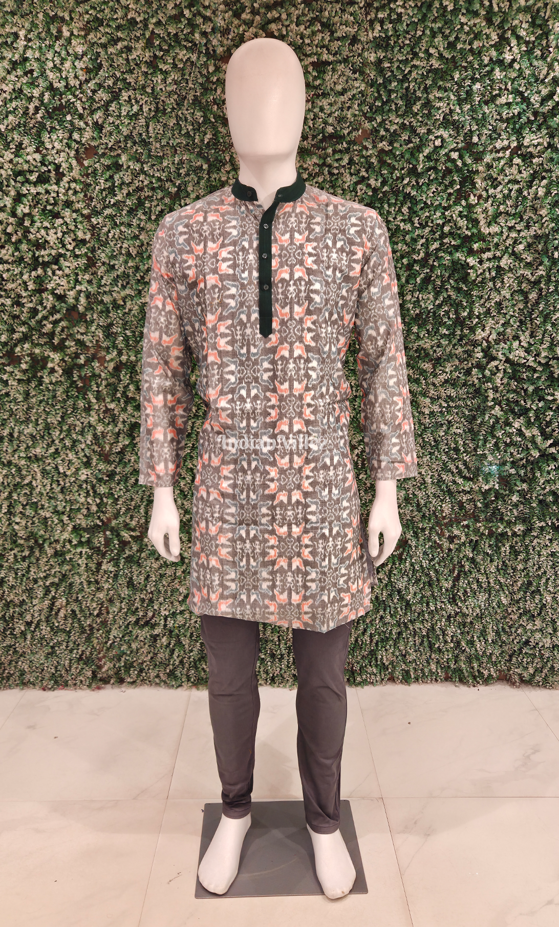 Grey Floral Motif Odisha Ikat Cotton Kurta for Men