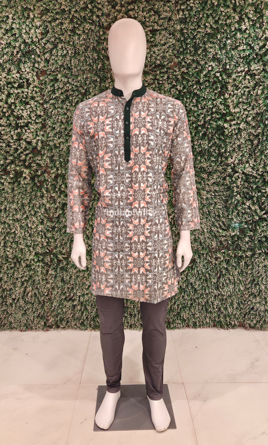Grey Floral Motif Odisha Ikat Cotton Kurta for Men
