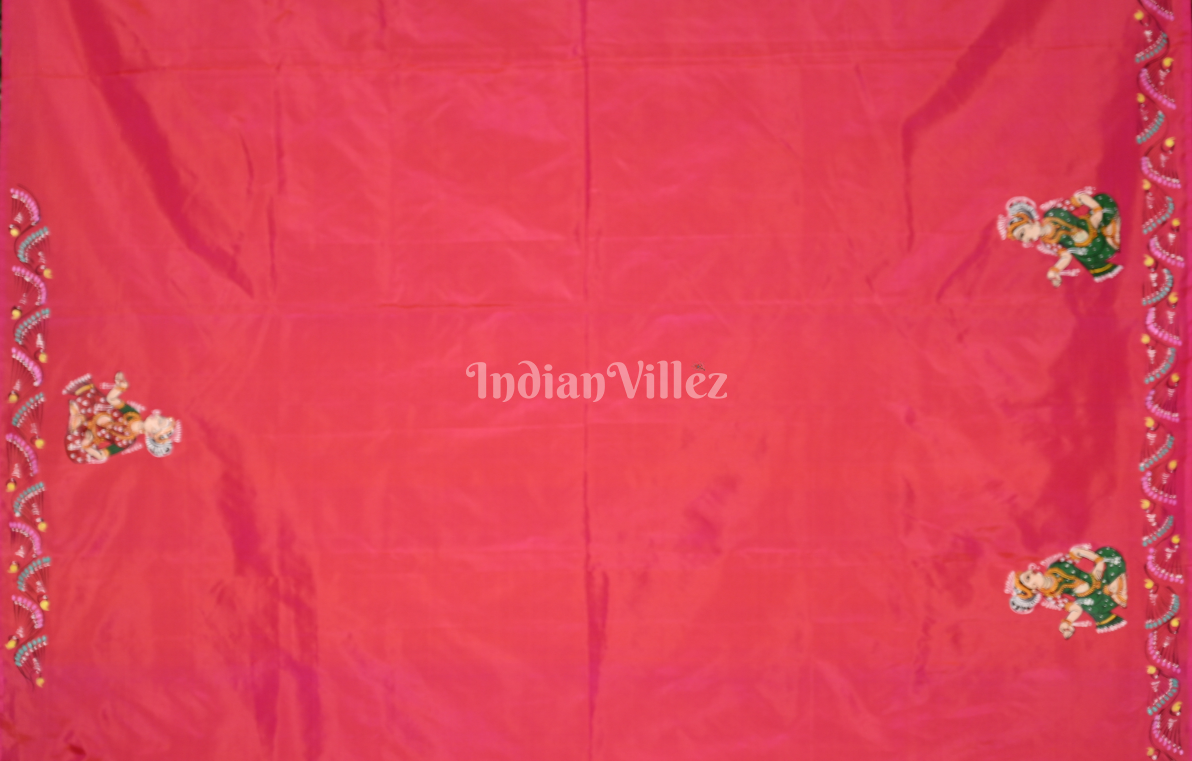 Magenta Pink Raja Doli Theme Hand-Painted Pattachitra Saree 