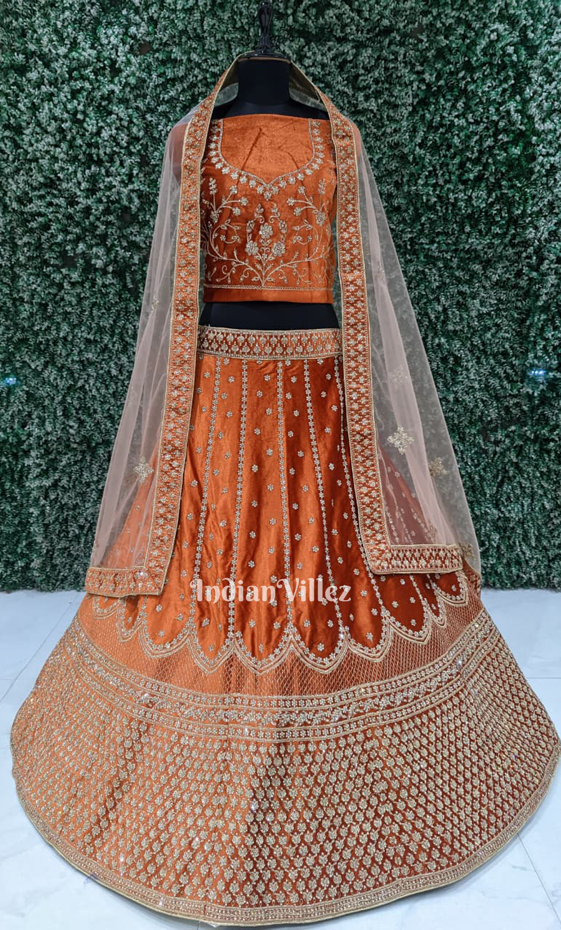 Rust Orange Silk Sequins Cut Work Bridal Lehenga Choli With Dupatta