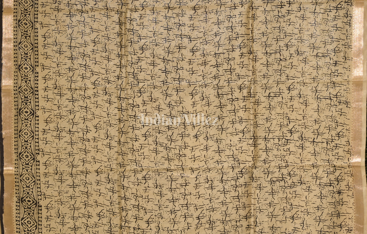 Cream with Multicolour Block Printed Bagru Cotton Saree 