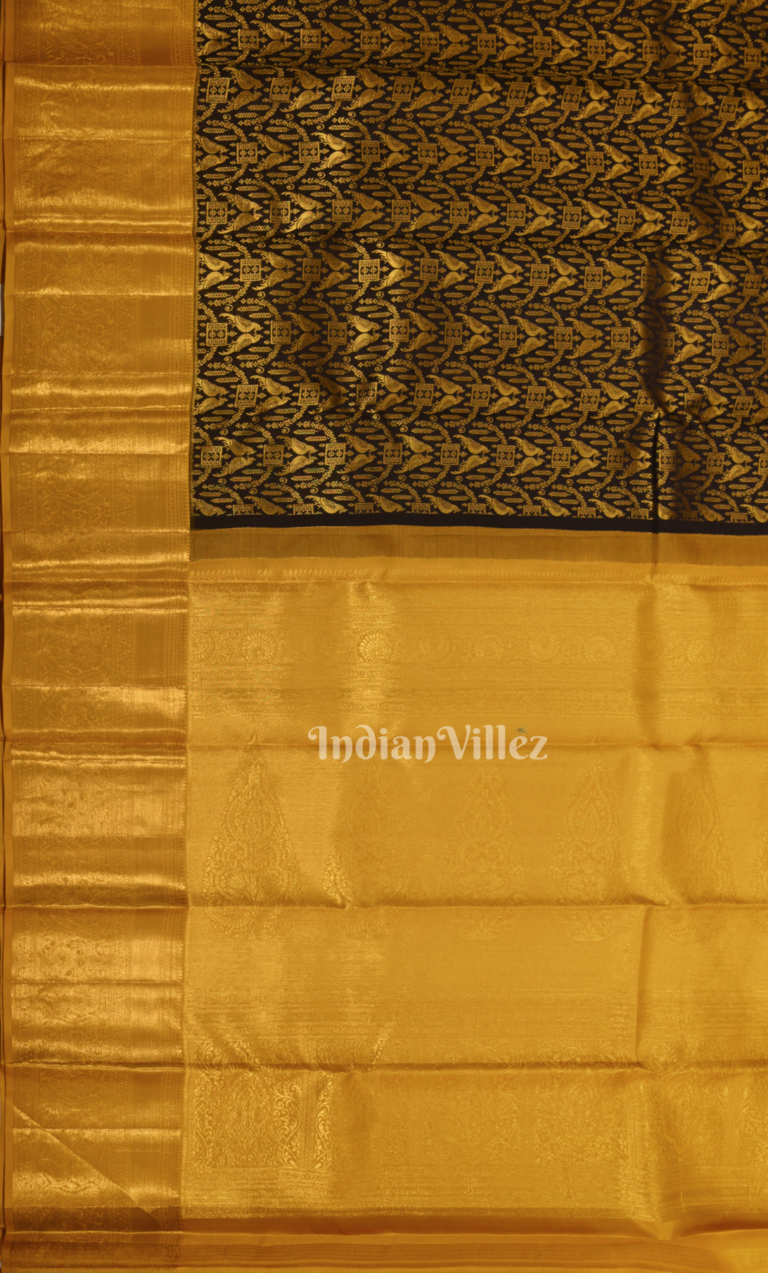 Black Mustard Yellow  Bird Motif Brocade Pure Kanjivaram Silk Saree 