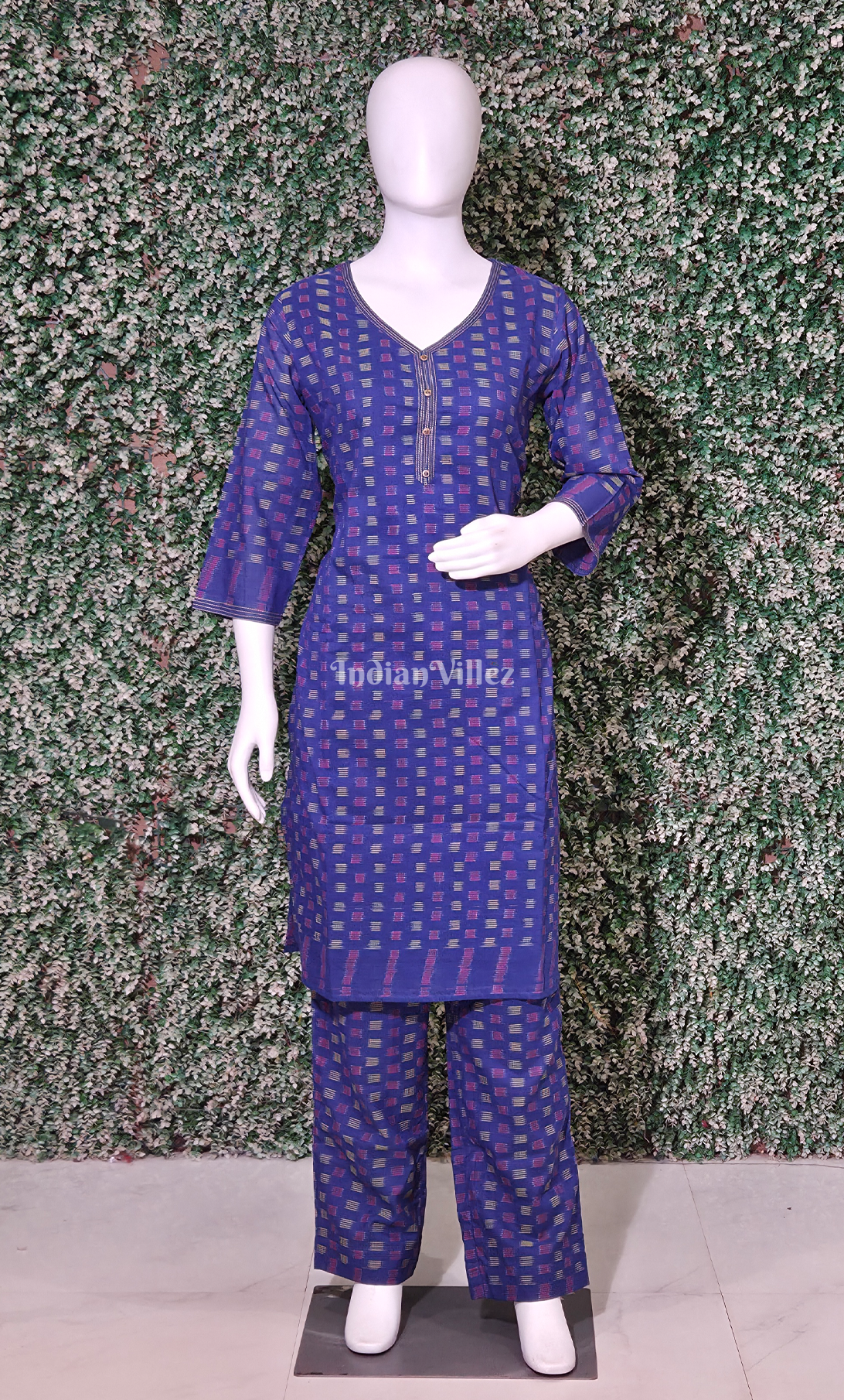 Royal Blue Pochampally Cotton Kurti Set with Pallazo