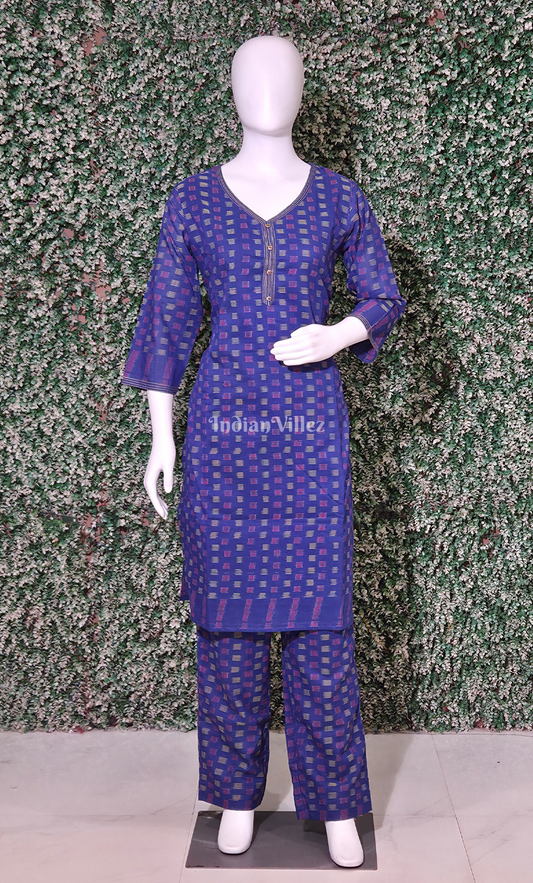 Royal Blue Pochampally Cotton Kurti Set with Pallazo