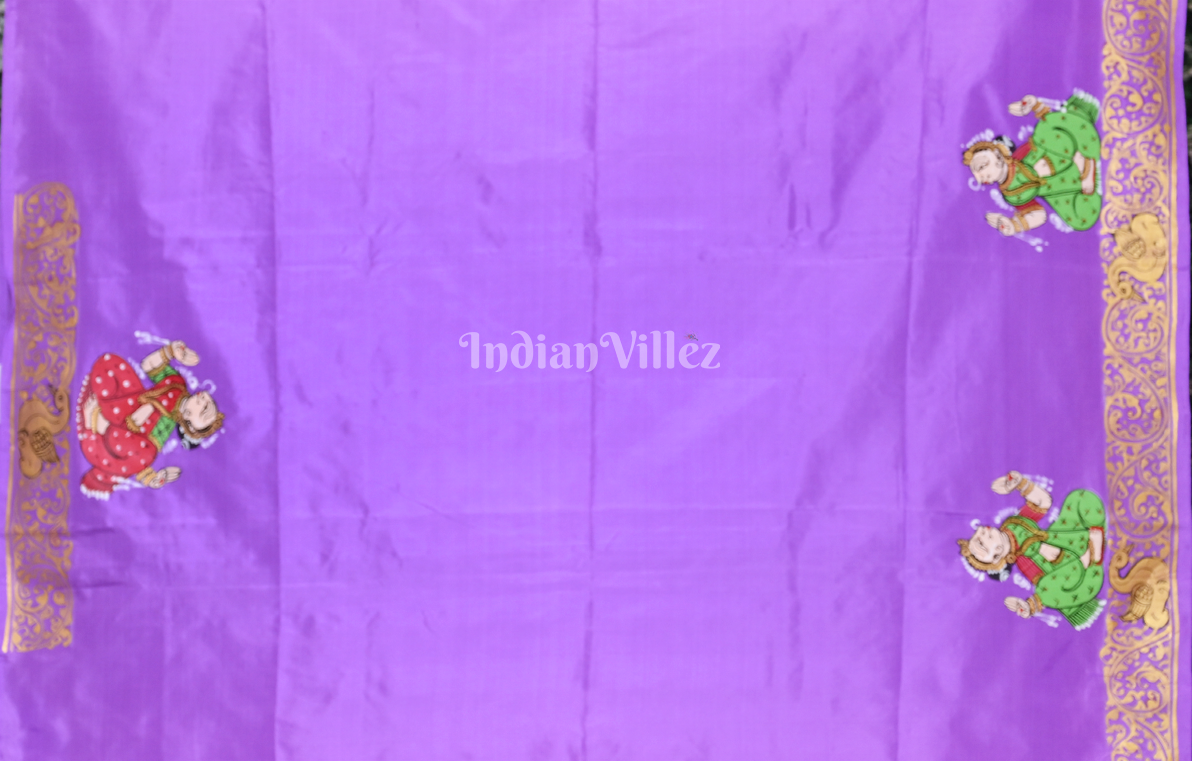 Lavender Ramayana Theme Hand-Painted Pattachitra Saree