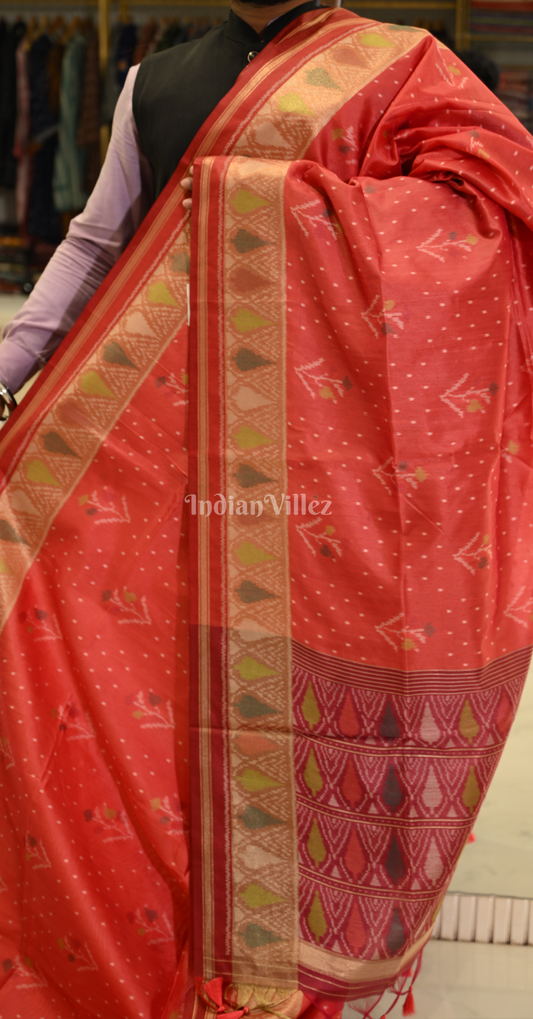 Orange Red Floral Patola Silk  Saree 