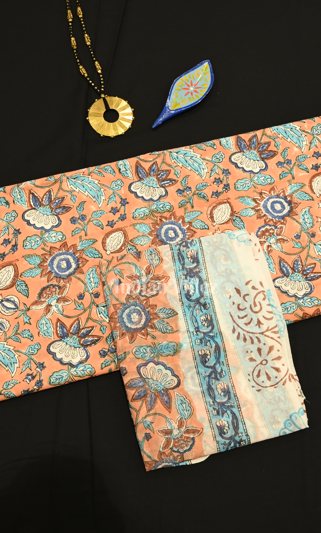 Light Orange Blue Sanganeri Block Printed Cotton Suit Sets 