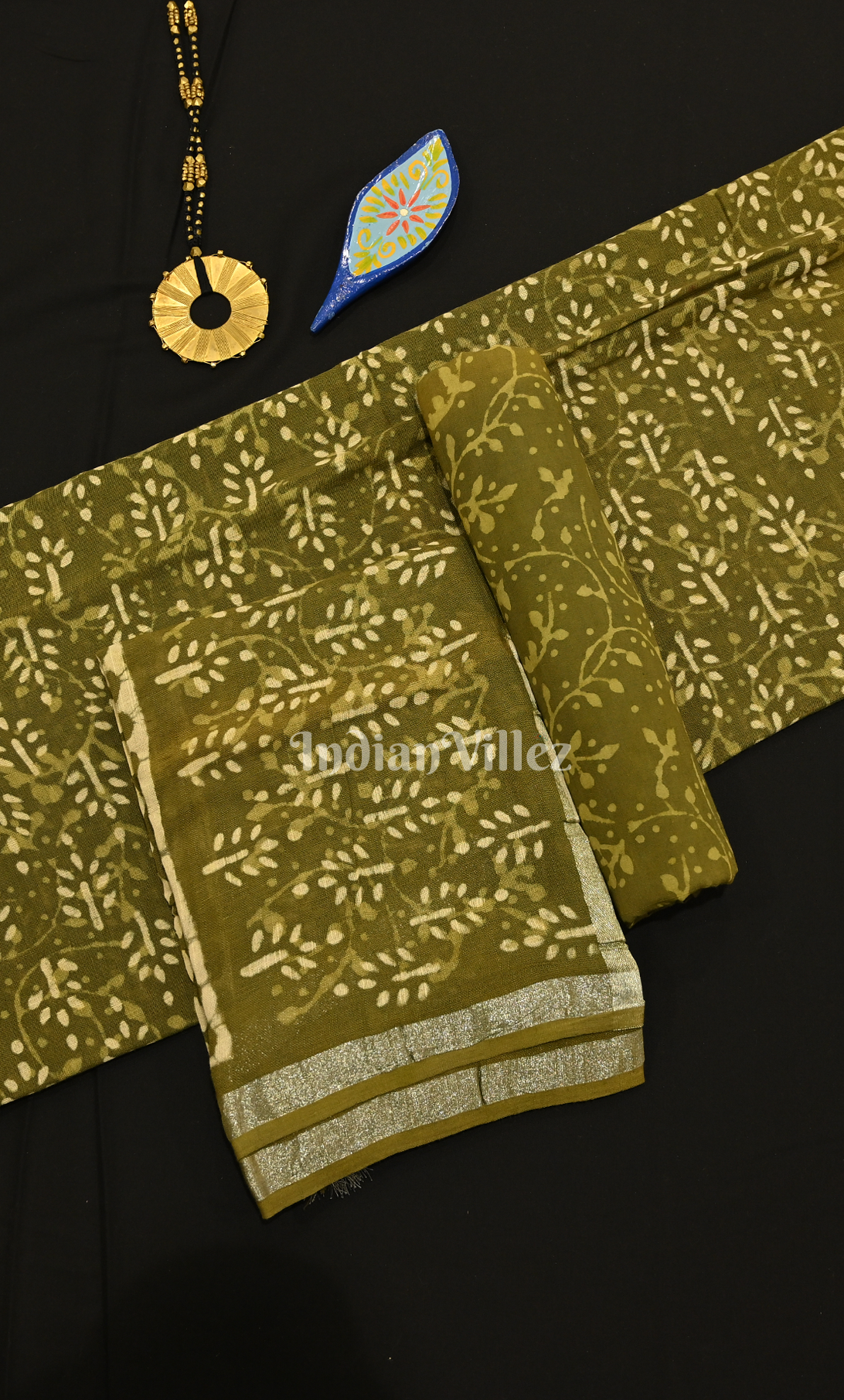 Mehendi Green Dabu Block Printed Cortton Suit Sets 