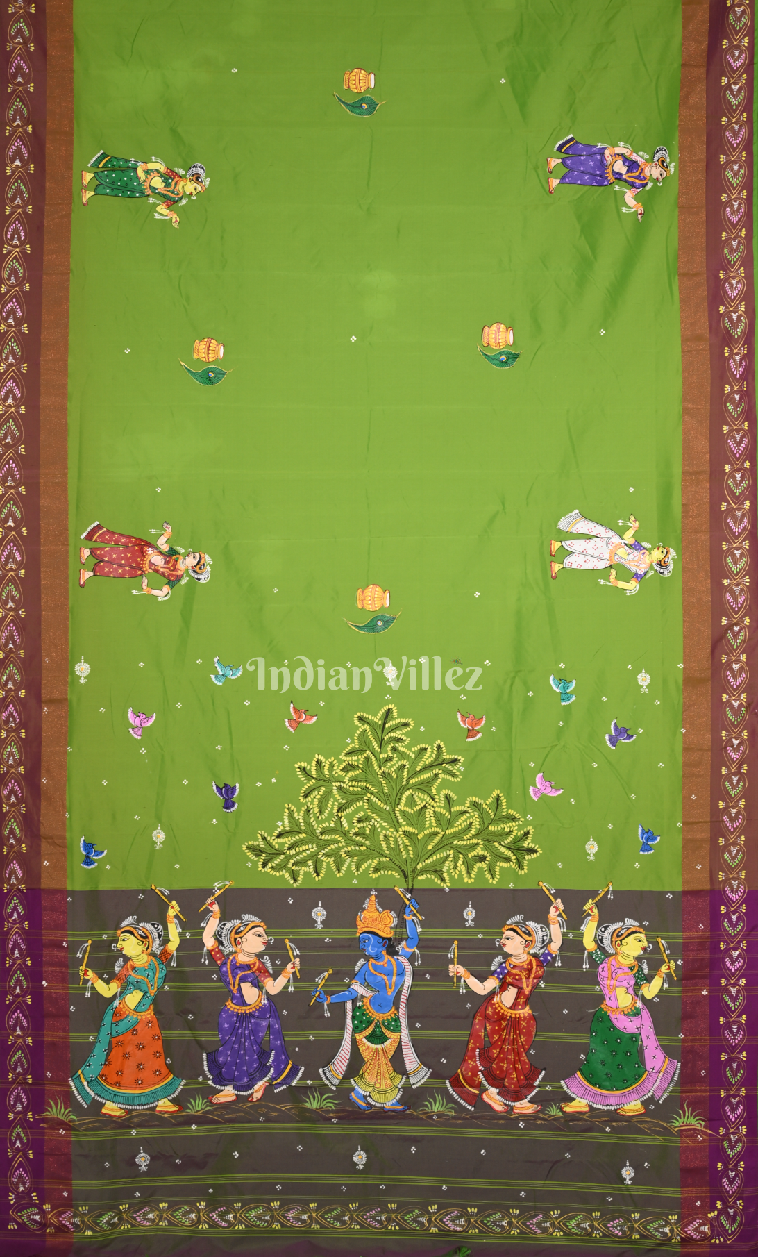 Parrot Green Krishna Raasleela Hand-Painted Pattachitra Saree