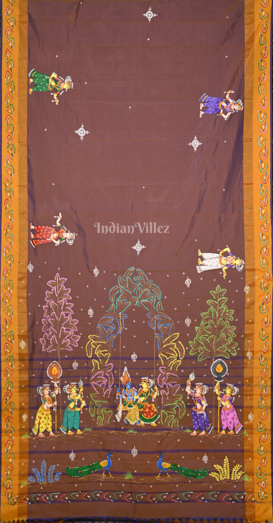 Brown Krishna Radha Doli Theme Hand-Painted Pattachitra Saree 